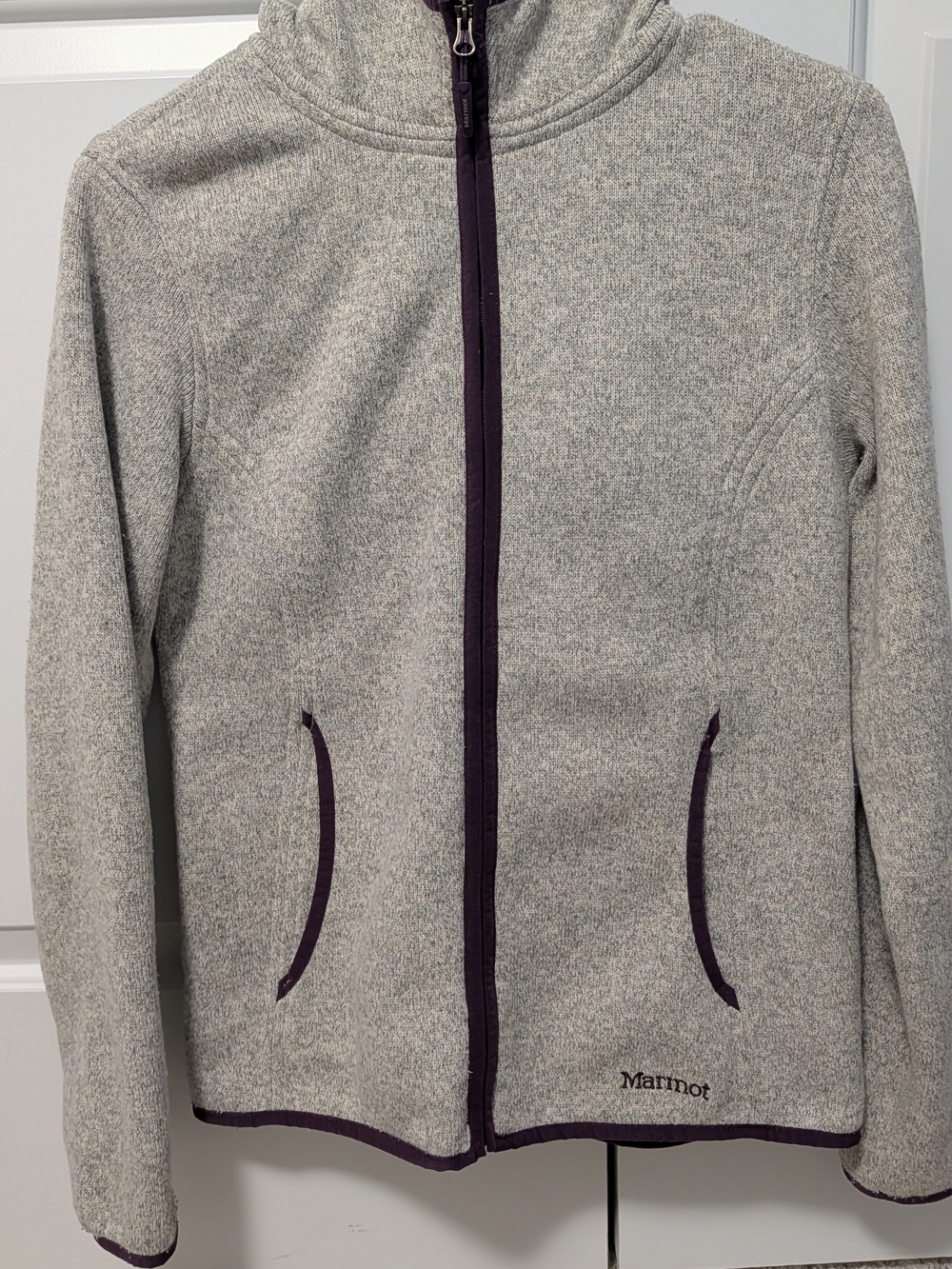 Marmot Light Gray Fleece Jacket with Plum Trim
